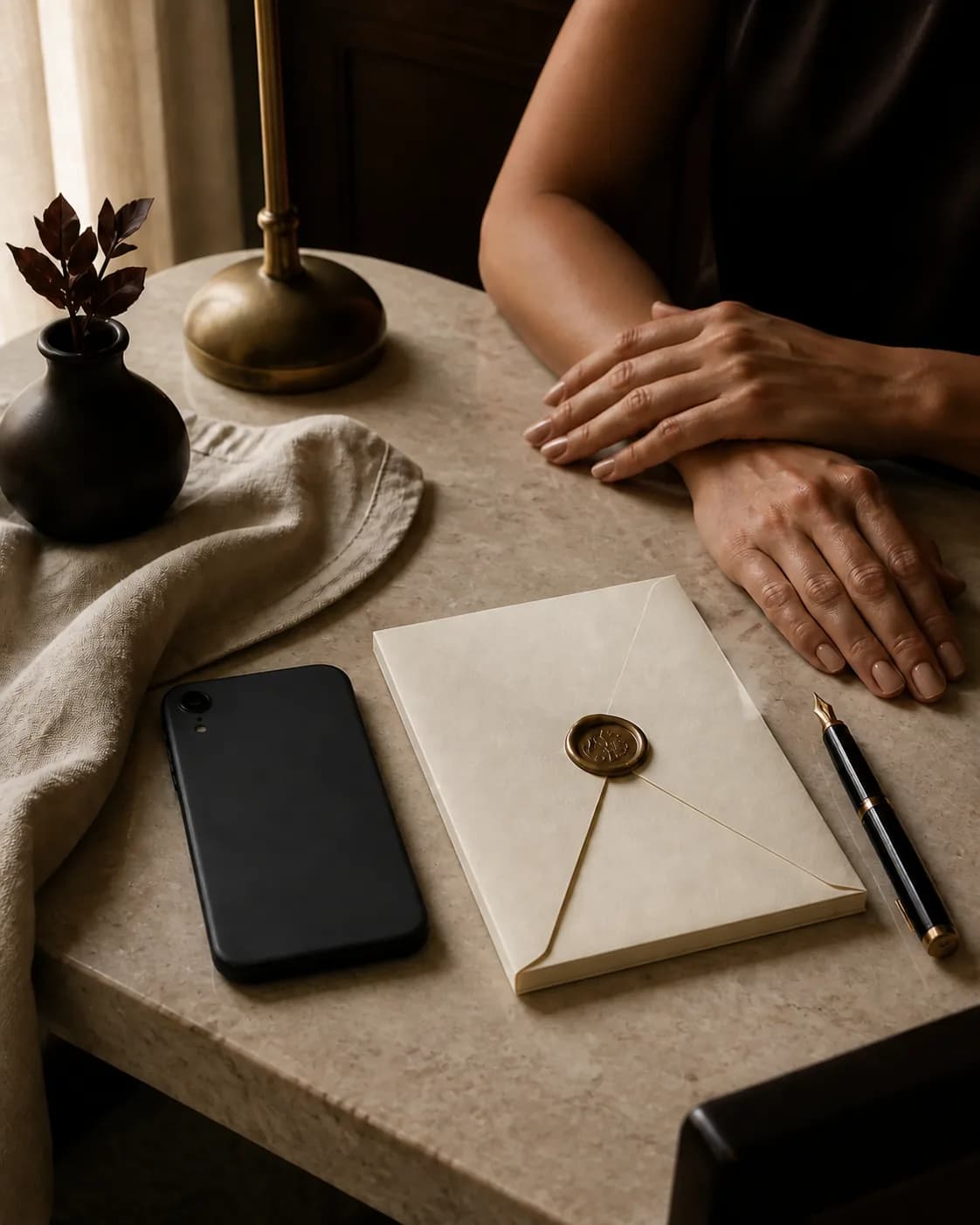 An ivory invitation beside a face-down phone on a private salon table